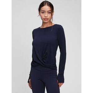 $40 GapFit Breathe Twist Front Long Sleeve Tee Tan- Navy Medium